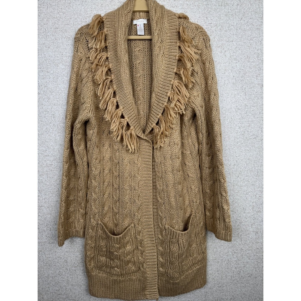 Chico's Fringe Shawl Collar Cable Knit Long Cardigan Sweater Size 1 M Camel Gold